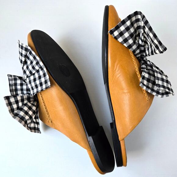 Freda Salvador NEW Ono Gingham Bow Tie Grommet Yellow Leather Mule Flats Size 7 - Picture 9 of 16
